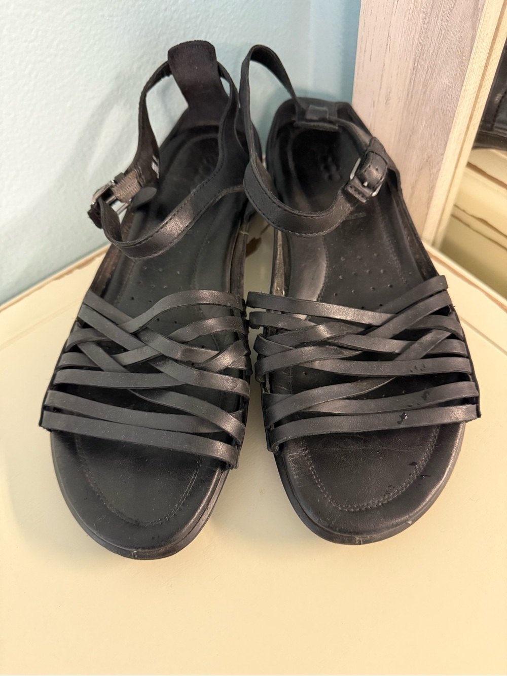 ECCO Black Leather Woven Strappy Ankle Strap Comfort Sandals EU 40 US 9